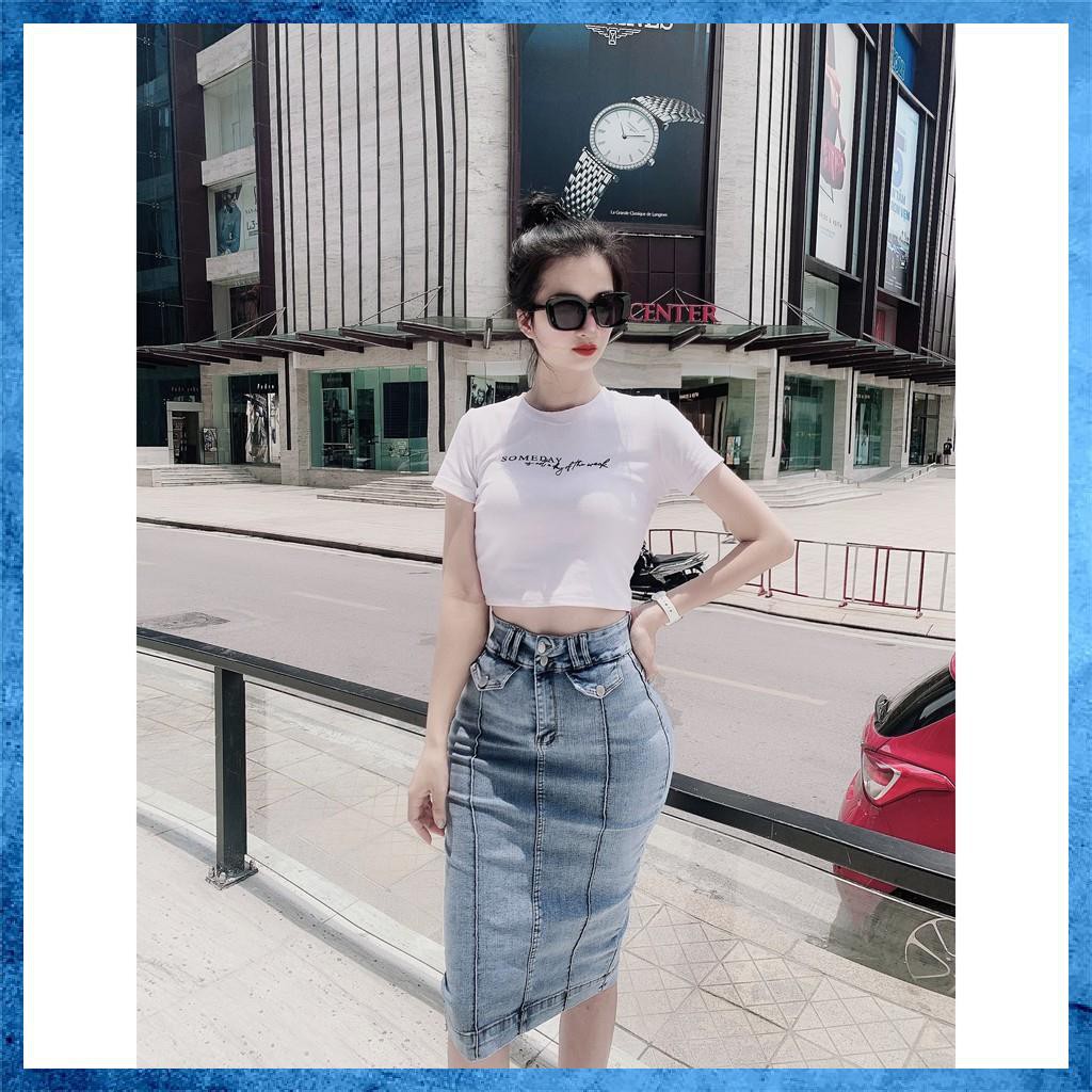 [Jeans nữ thiết kế] Chân váy bò trơn dáng dài qua gối, chân váy jeans lưng cao phối gân 2 khuy. Mã V1140
