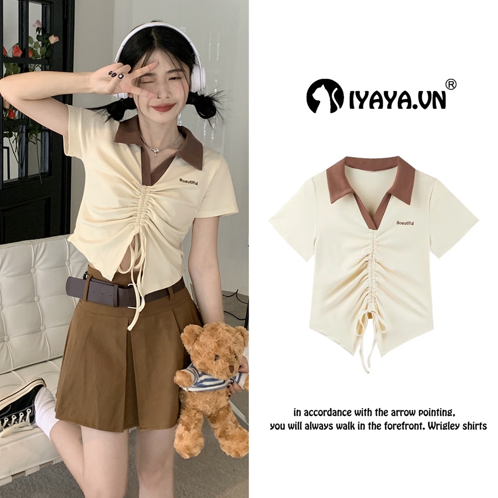 áo croptop kiểu ngắn tay cổ chữ v thiết kế dây rút thêu họa tiết phong cách mới mùa hè cho nữ
