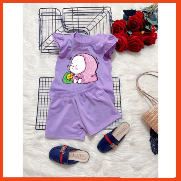 ( Chuyên sỉ lẻ Quần áo trẻ em ) Combo 3 Bộ đồ bé gái tay nhúng bèo hình thỏ choang khăn tím và vịt vàng cho bé gái từ 6k