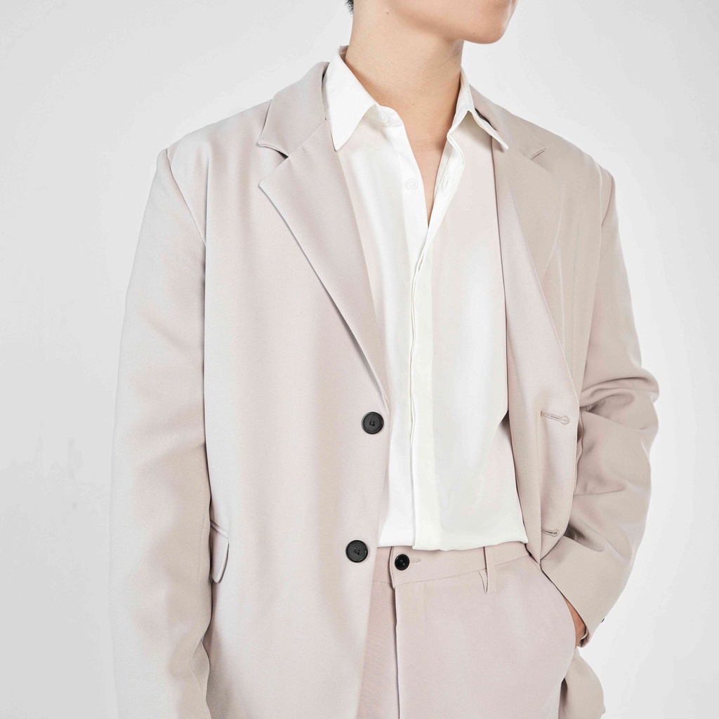 Áo khoác blazer nam form rộng hàn quốc màu đen, kem 2 khuy cài thương hiệu AZILA
