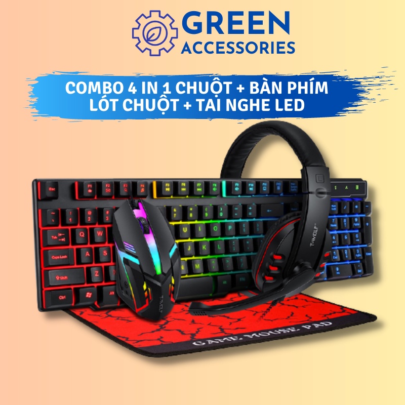 Combo Chuột Bàn Phím Tai Nghe Lót chuột LED Gaming 4 trong 1 TW TF800 - Green Accessories