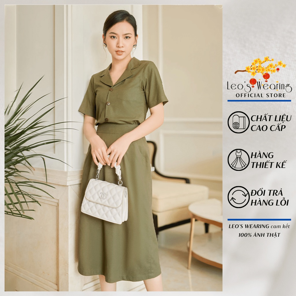Váy Công Sở Chữ A Tay Ngắn LEOSWEARING Set Chân Váy Dài Qua Gối Lưng Thun và Áo Sơ Mi Chất Vải Linen Bột dam cong so B11