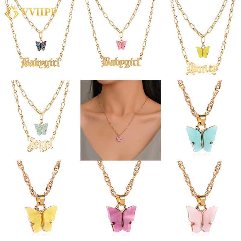 Dây chuyền choker mặt hình chữ ANGEL và hình bướm thời trang màu vàng đồng dành cho bạn nữ và bé gái