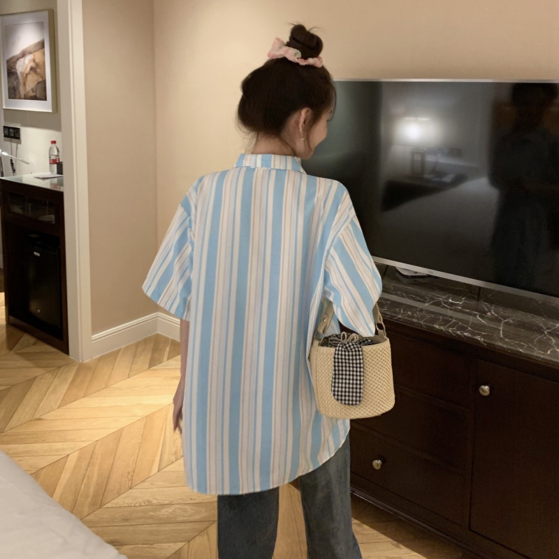 Áo sơ mi SUXI ngắn tay form rộng họa tiết sọc phong cách cổ điển dành cho nữ