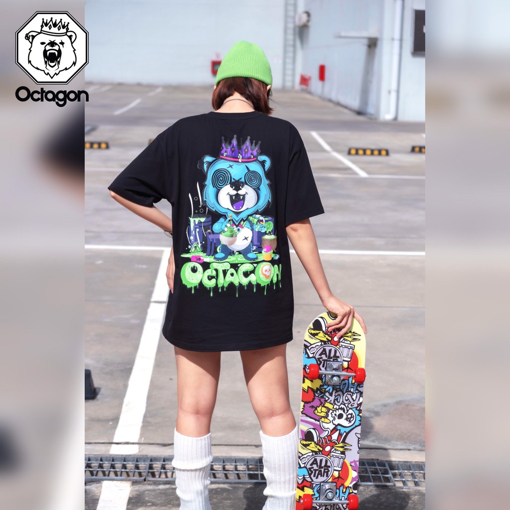 Áo Thun Tay Lỡ Nam Nữ OCTAGON PSYCHO BEAR Màu Đen Form Oversize
