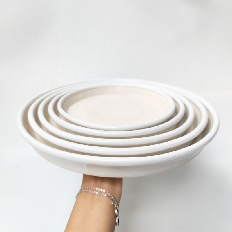 Đĩa sứ tròn lót chậu - đĩa lót chậu bằng sứ - đĩa lót chậu trồng cây - đĩa kê chậu trồng cây hình tròn