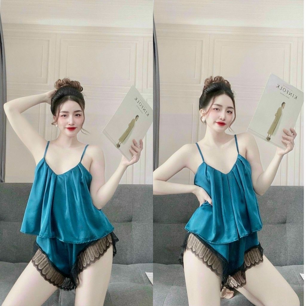Bộ lụa mặc nhà đồ ngủ nữ sexy TUTA quần đùi lai ren lụa satin cao cấp -MK04