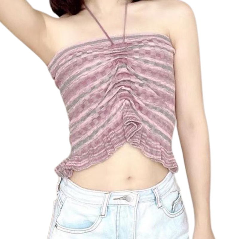 Brroa Áo Ống Nhún Bèo Họa Tiết Sọc Cầu Vồng Nhiều Màu Sắc Dành Cho Nữ