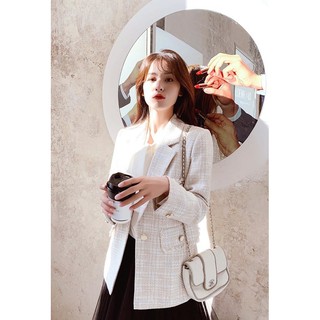 Áo dạ tweed trắng cổ vest dáng lỡ [Ảnh thật 5-8]
