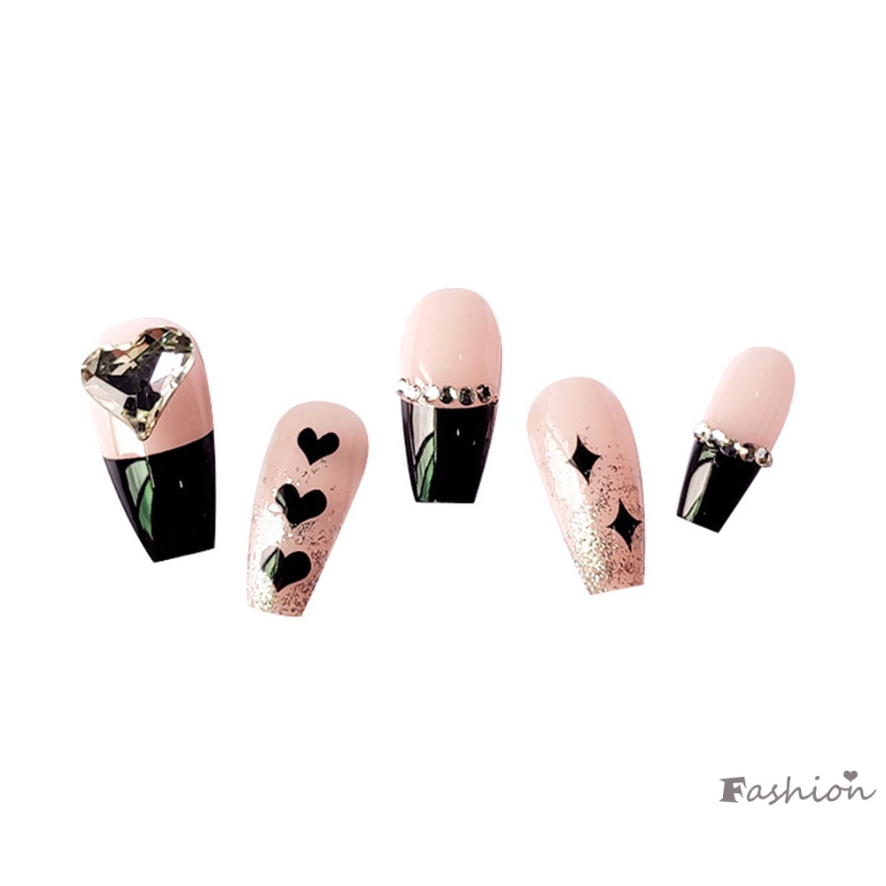 Set 24 Móng Tay Giả Màu Đen Họa Tiết Trái Tim Dễ Thương Bắt Mắt