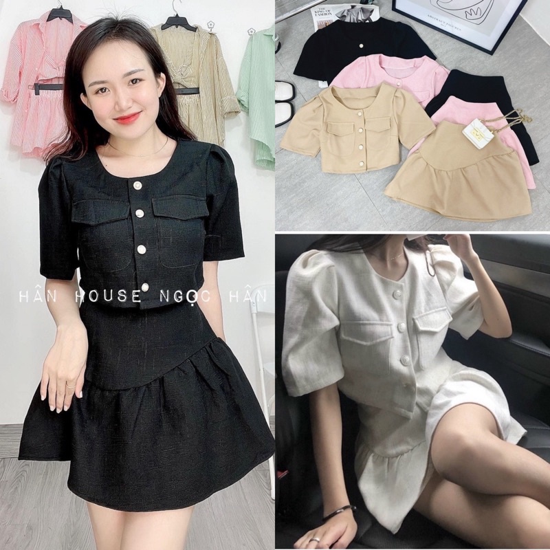 SET CROPTOP TÚI NẮP NÚT KÈM CHÂN VÁY BỐ TRẮNG BÈO (về thêm màu)