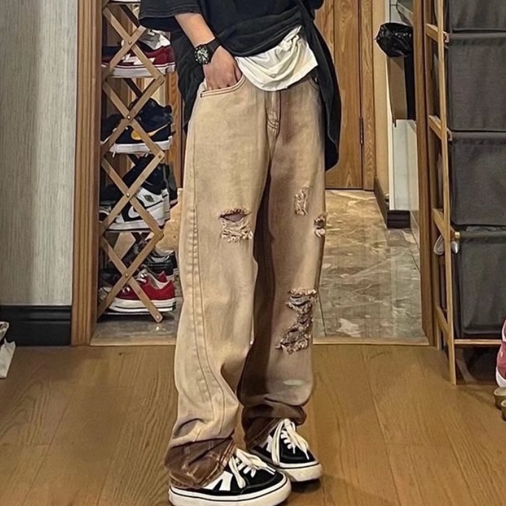 Quần Jean nam Dài Rách Gối Phong cao cấp quần jean nữ  Âu Mỹ  quần jeans ống rộng