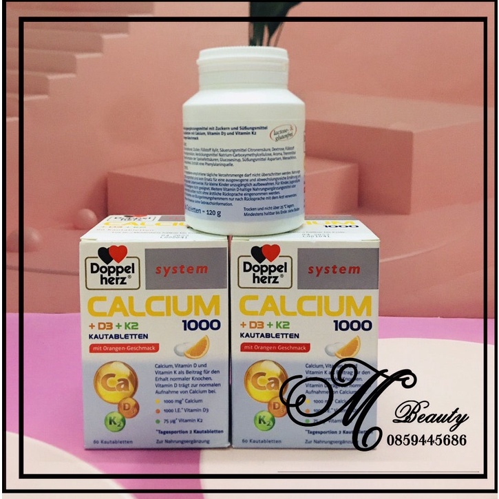 Kẹo nhai vị cam Calcium 1000+ D3+K2 Doppel system 60v - Bổ sung canxi cho trẻ phát triển chiều cao