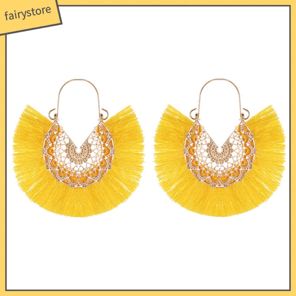 Khuyên Tai Dáng Dài Hình Quạt Phối Tua Rua Phong Cách Bohemian Thời Trang