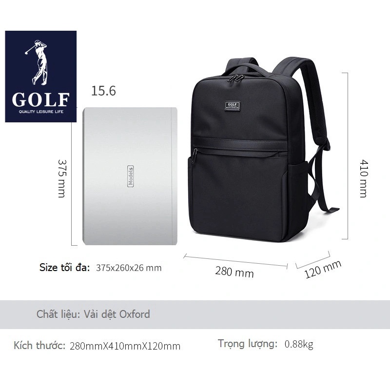 Balo chống sốc Laptop/Macbook thời trang cao cấp GOLF- B16 đen