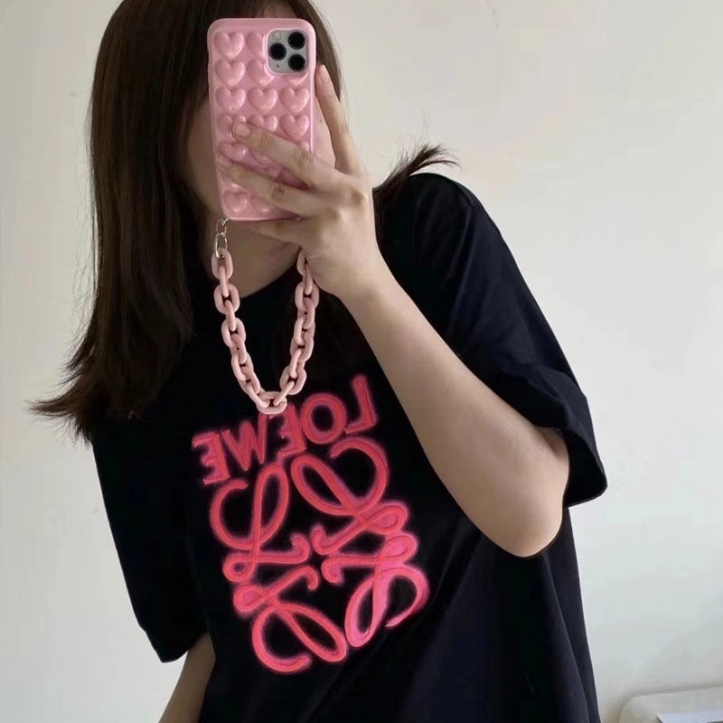 Áo Thun Cotton Cổ Tròn Dáng Rộng Thêu Chữ Màu Hồng Dạ Quang Thời Trang Mùa Hè Cho Nữ