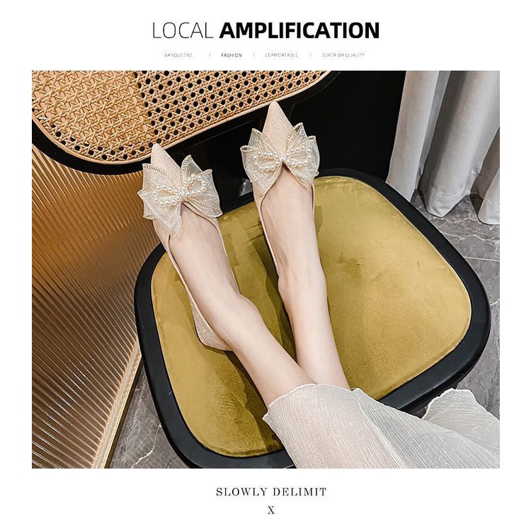 Giày búp bê mũi nhọn đính nơ ngọc trai đế bằng thiết kế thời trang cho nữ