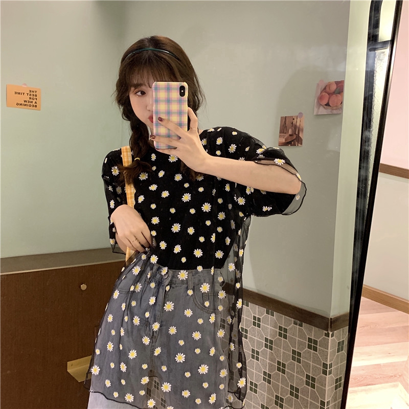 SUXI Áo Thun Tay Ngắn Dáng Rộng Phối Lưới Họa Tiết Hoa Cúc Xinh Xắn Thời Trang Mùa Hè Cho Nữ