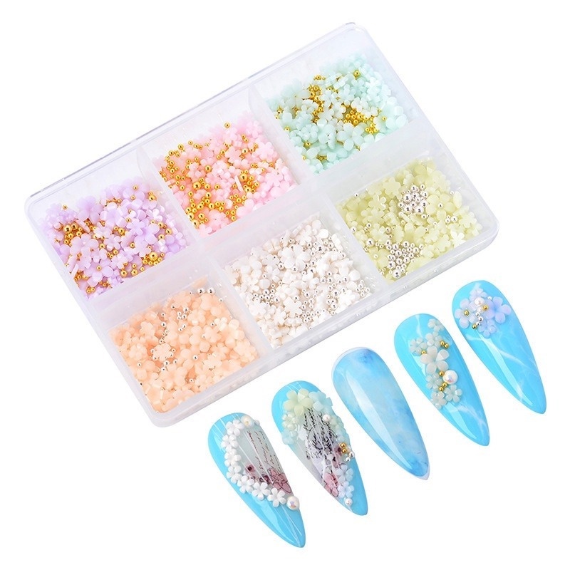Hộp 6 Ngăn Hình Hoa 3D Nhiều Màu Sắc Dùng Để Trang Trí Móng