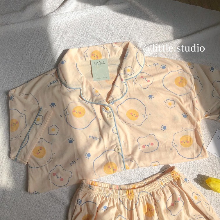 Bộ pyjama mặc nhà họa tiết trứng rán dễ thương đơn giản chất thun mỏng nhẹ thoáng mát Hàn Quốc mùa hè | BigBuy360 - bigbuy360.vn