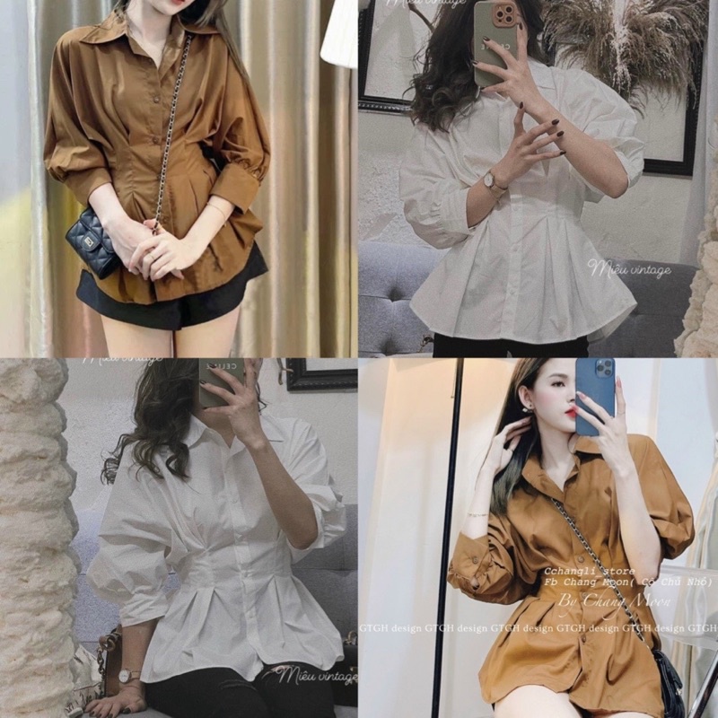 BÁN SỈ ÁO SƠ MI CHIẾT EO 2M TRẮNG NÂU CHO NỮ