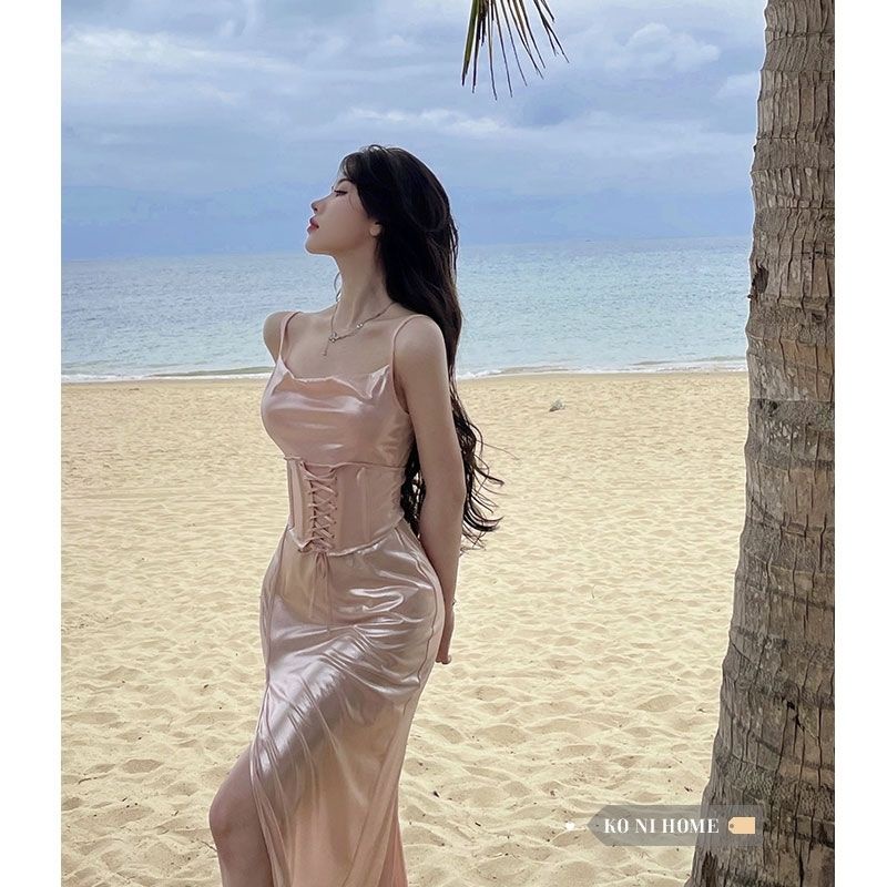 Đầm Hai Dây Dáng Dài Xẻ Tà Lưng Cao Quyến Rũ Thời Trang Cho Nữ
