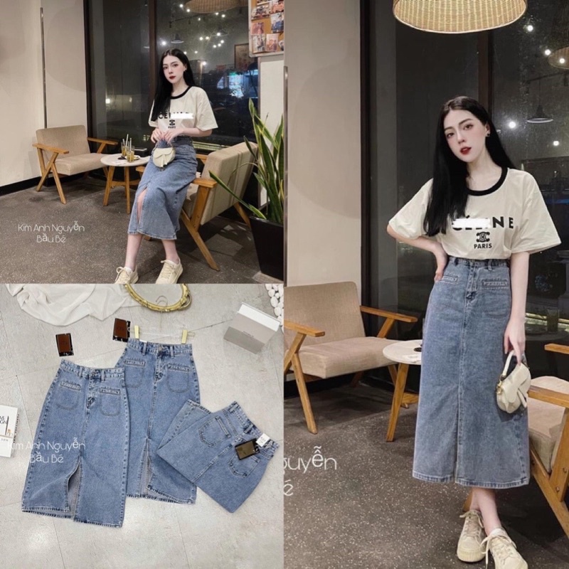 Chân váy bò denim 2 túi giả trước siêu hot #913