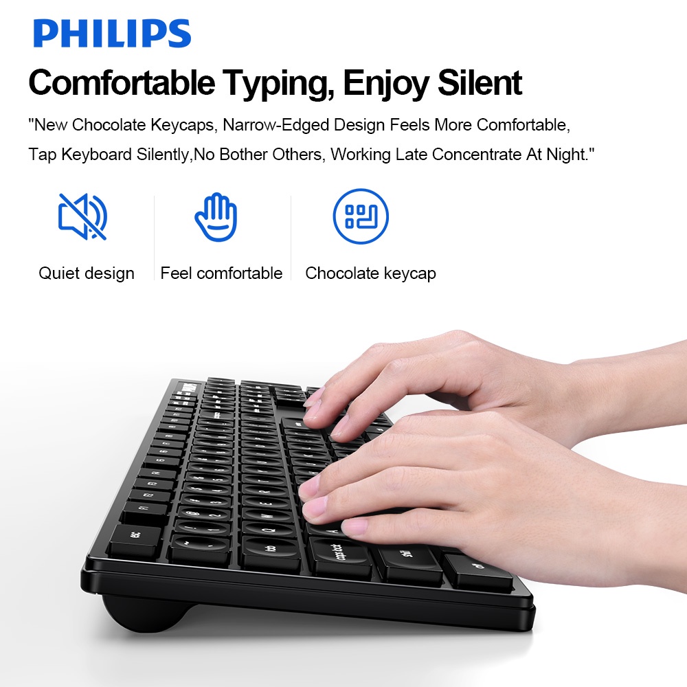 Combo bàn phím và chuột không dây PHILIPS SPT6315 không phát âm thanh khi gõ chống thấm nước - Dùng PC, Laptop, Tivi