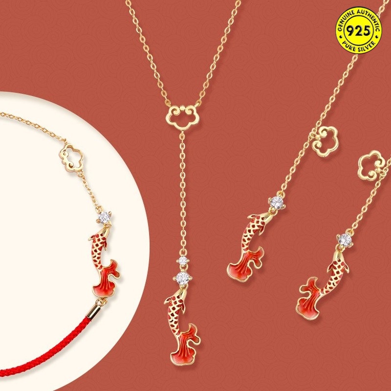 Ruyi Koi Set Vòng cổ vòng tay bông tai màu đỏ mặt hình đám mây đẹp mắt