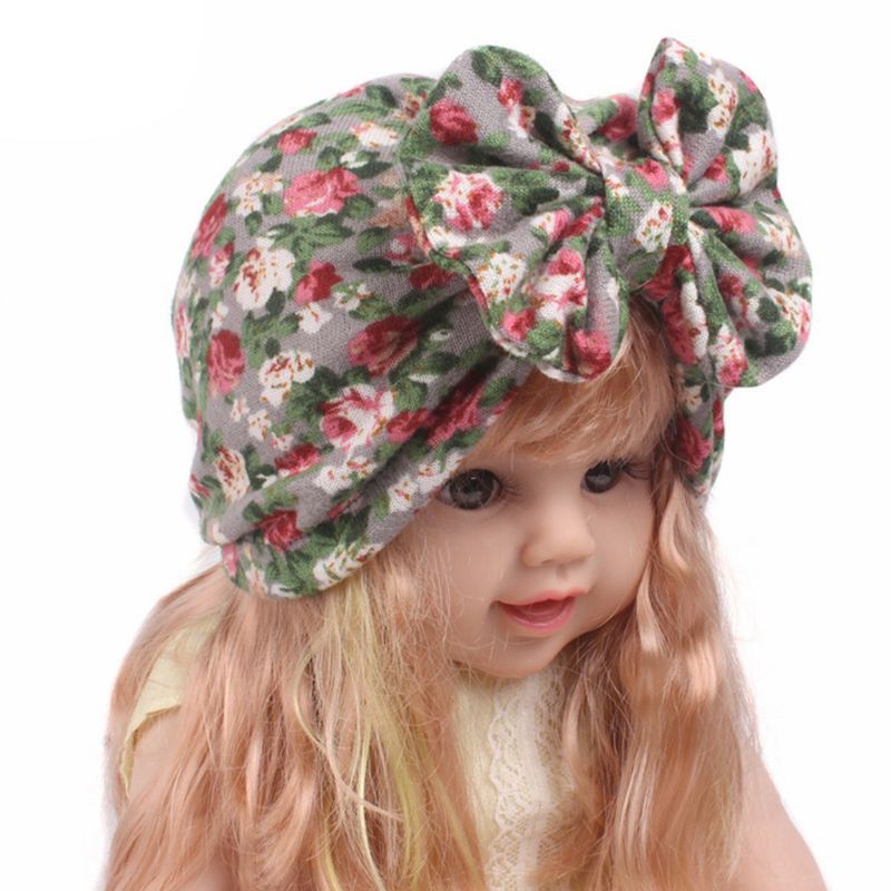 Mũ turban dệt kim họa tiết in hoa đính nơ xinh xắn đáng yêu cho bé