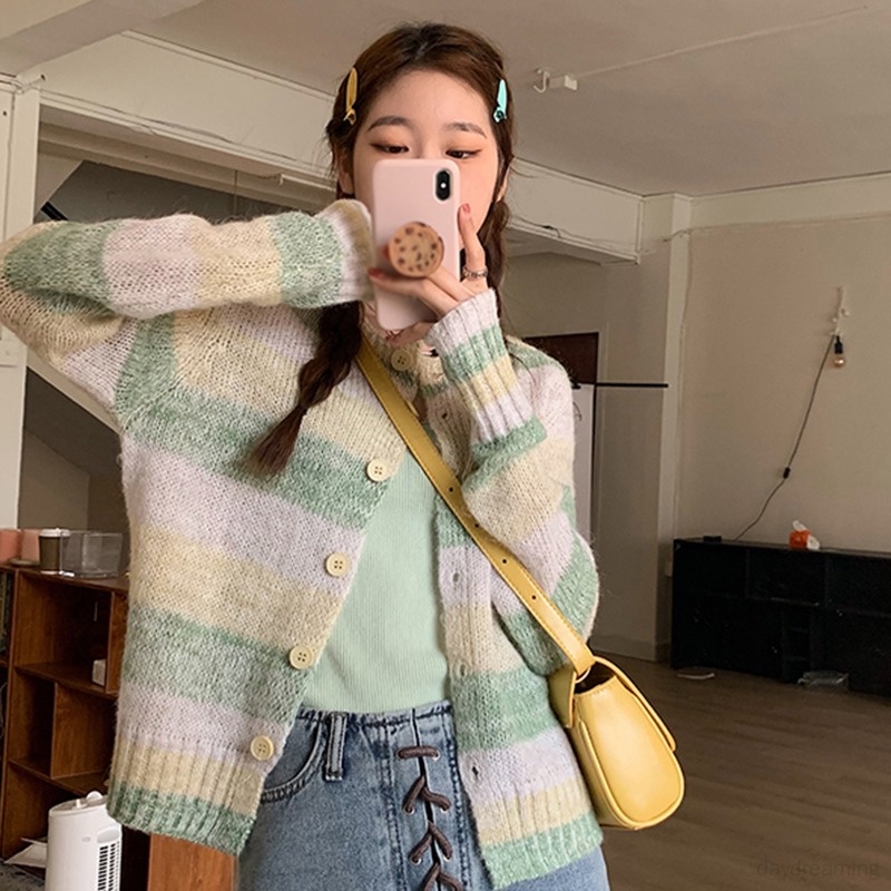 Áo Khoác Cardigan Dáng Ngắn Form Rộng Họa Tiết Kẻ Sọc Cầu Vồng Phong Cách Hàn Quốc