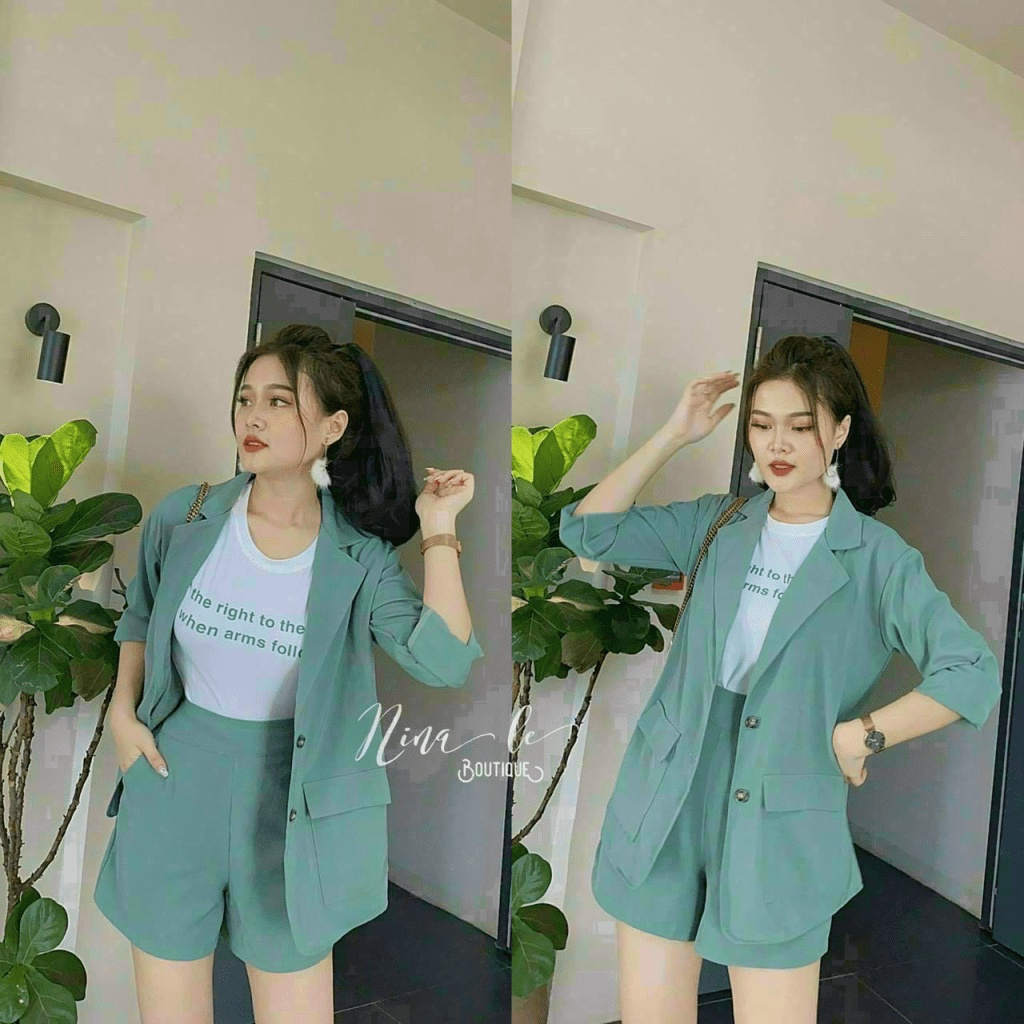 (Free Ship) SALE SIÊU HỜI CHO CHỊ EM SÉT 3 MÓN ÁO BLASER PHỐI ÁO THUN COTTON VÀ QUẦN SHORT CÙNG MÀU MẶC CÔNG SỞ CỰC TINH