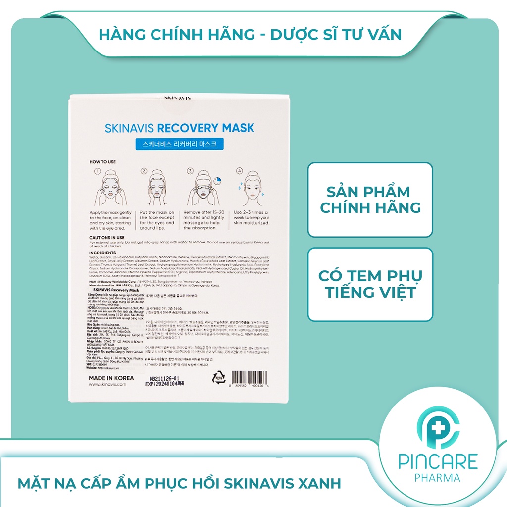 Mặt nạ dưỡng ẩm &amp; phục hồi da Skinavis Recovery Mask (Miếng Lẻ) - Hàng chính hãng - Nhà thuốc PinCare