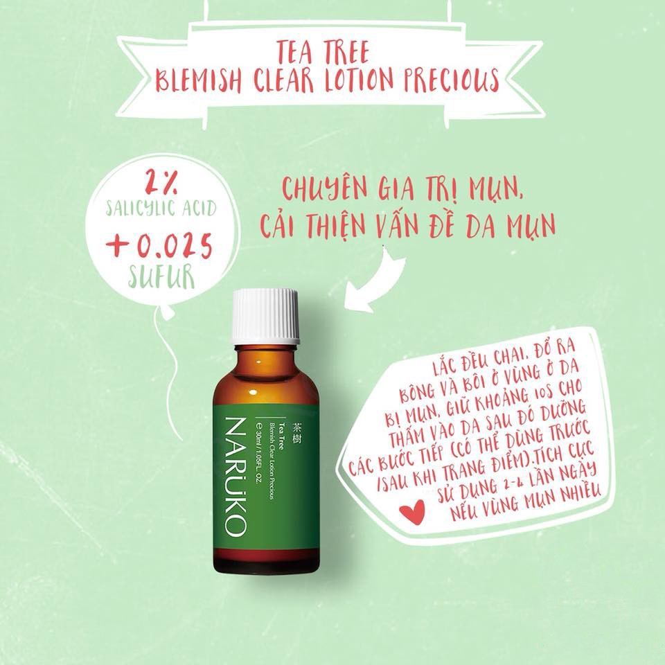 NARUKO - Lotion Tràm Trà Đậm Đặc Giảm Mụn Mảng, Mụn Đầu Đen 30ml – Tea Tree Blemish Clear Lotion Precious 30ml | BigBuy360 - bigbuy360.vn