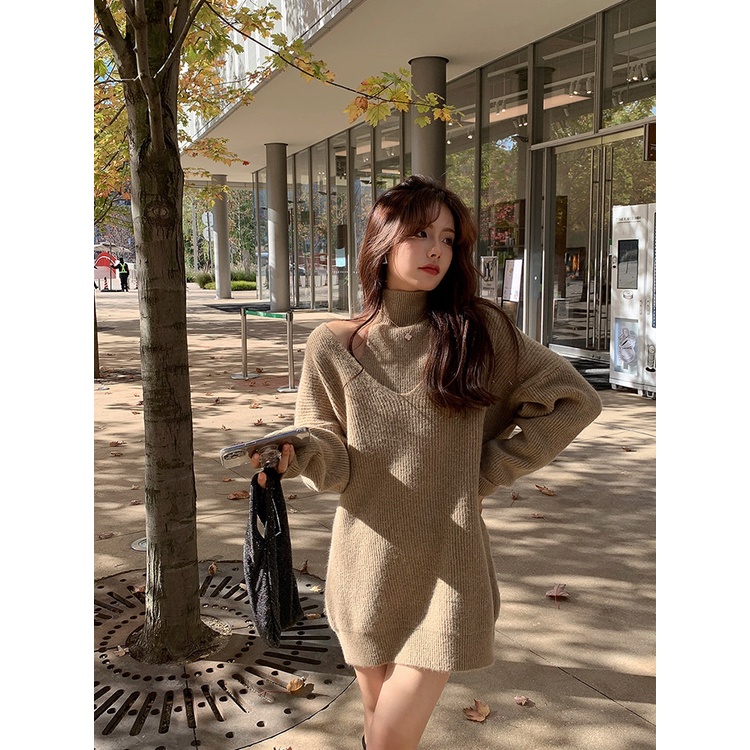 Bộ Áo Sweater Cổ Cao + Áo Hai Dây Dệt Kim Thời Trang Mùa Đông 2022 Mới Cho Nữ