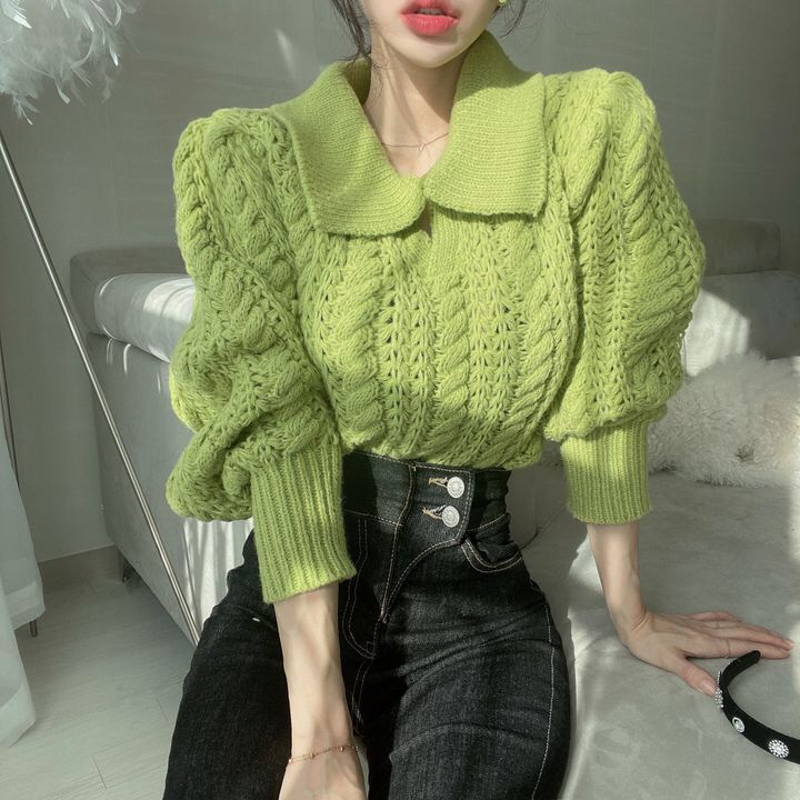 Áo Len Tay Phồng Dài Dáng Rộng Phong Cách Hàn Quốc Thời Trang Mùa Thu Cho Nữ