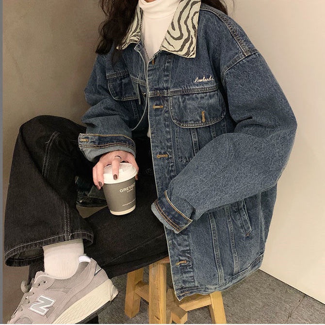 Áo Khoác Denim Dáng Rộng Họa Tiết Da Báo Phong Cách Retro Hong Kong Cho Nữ