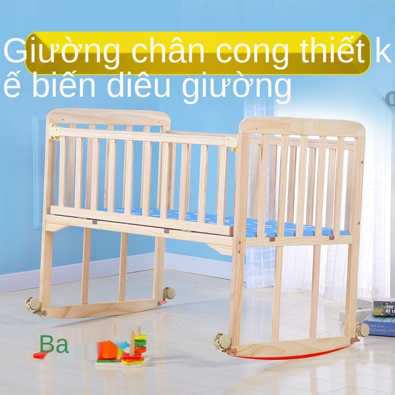 > nôi đa năng vững chắc gỗ không sơn bập bênh Giường khâu trò chơi bb trẻ em di động <