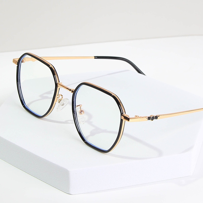 Kính Mát TR90 Hai Màu Gọng Kim Loại Đa Giác Chống Ánh Sáng Xanh Thời Trang Hàn Quốc