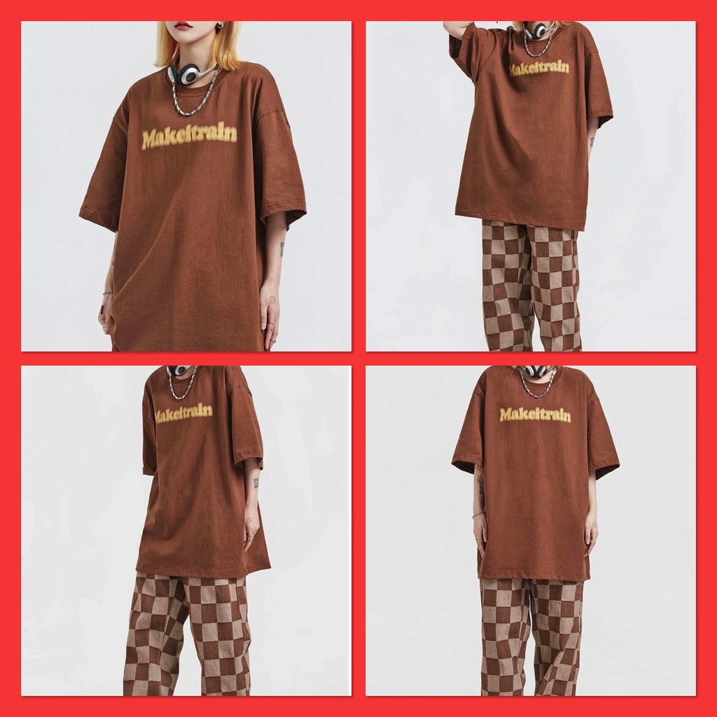 Set Đồ bộ nữ Áo Thun Dáng rộng In chữ MaKeiTrain Kèm Quần Caro Dáng Suông