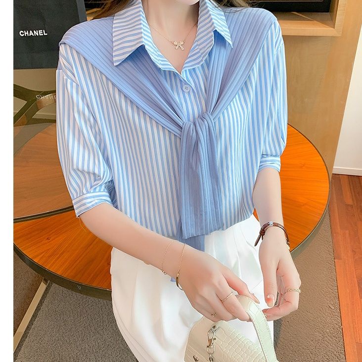 Áo Sơ Mi Chiffon Tay Ngắn Kẻ Sọc Giả Khăn Choàng Thời Trang Mùa Hè Cho Nữ