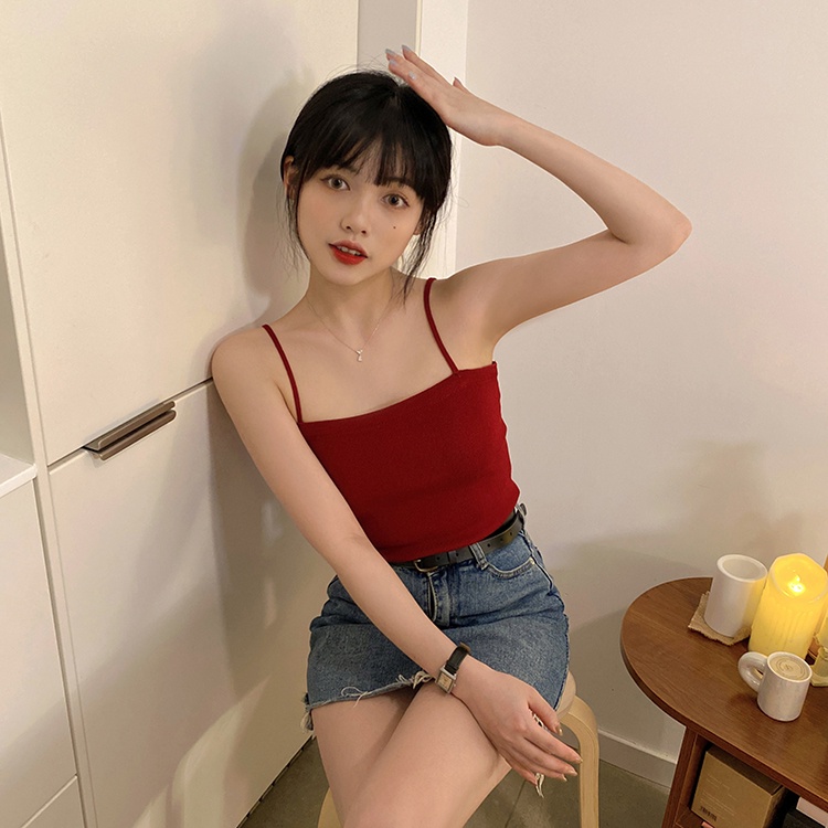 51917 Phong Cách Cơ Bản Áo Yếm Dệt Kim Màu Trơn Đơn Giản