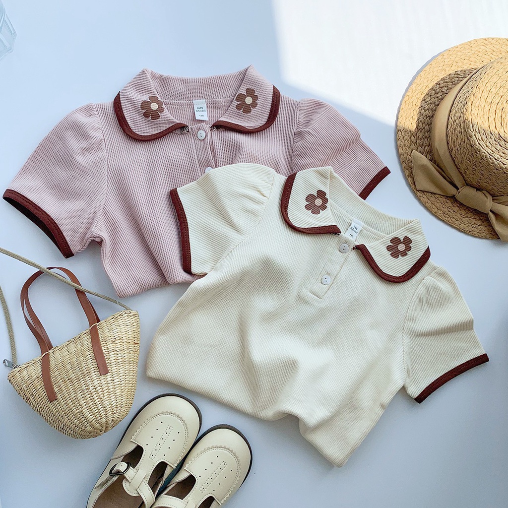 10-30kg - Áo Thun Polo Bé Gái Size Đại Chất Tổ Ong Mát Thấm Hút Mồ Hôi, Thiết Kế Cổ Sen Hoa Tay Bồng Cho Bé Gái - AN.KID