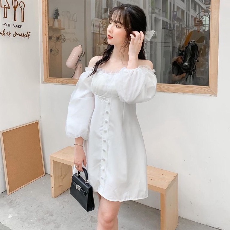 Váy trắng trễ vai tay bồng cúc bọc tiểu thư xinh xắn, ĐÀM TRẮNG trễ vai tay bồng tiểu thư