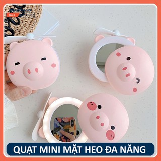 [CỰC HOT] Quạt Mini Tay Cầm Pin Sạc Mặt Heo Cute 3 Trong 1 - Kết Hợp Đèn Và Gương Trang Điểm