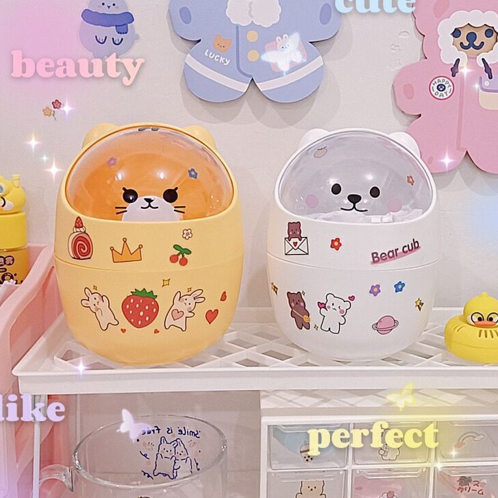 Thùng rác mini để bàn hình gấu nắp lăn cute (Tặng kèm sticker trang trí)