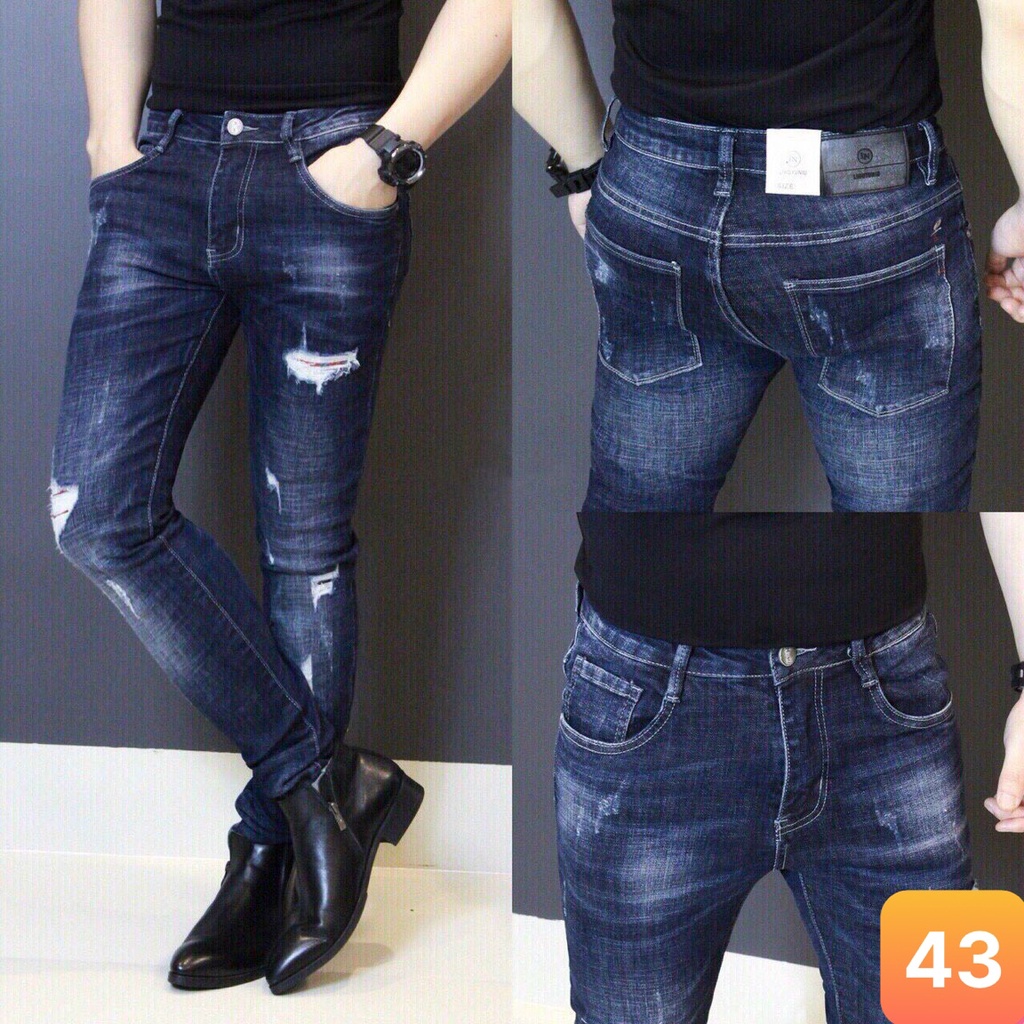 Quần jean nam màu xanh đậm rách gối chất liệu bò jeans cao cấp co dãn 4 chiều đẹp form dáng rin skinny Q6 mới