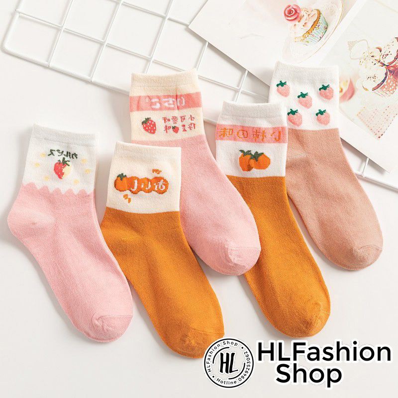 Tất vớ nữ Cotton cổ tròn hình trái cây Nhật Bản Hàn Quốc, tất vớ cổ cao HLFashion