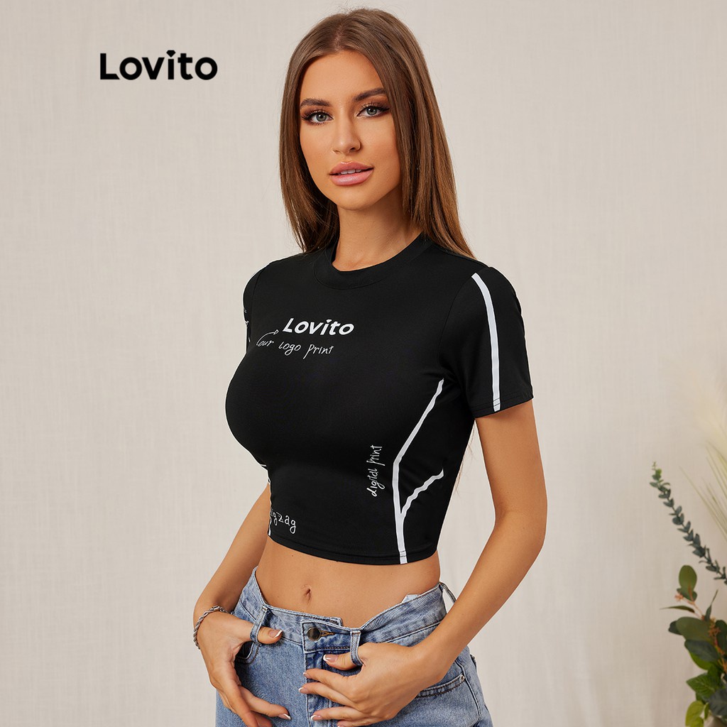 Áo thun Lovito tay áo ngắn in ký tự nổi bật L18E031 (Màu đen)