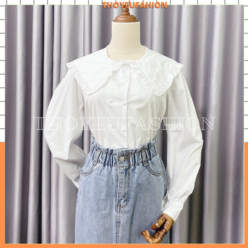 Áo sơ mi cổ sen bánh bèo tiểu thư (áo sơ mi trắng hai hàng cúc M2190)
